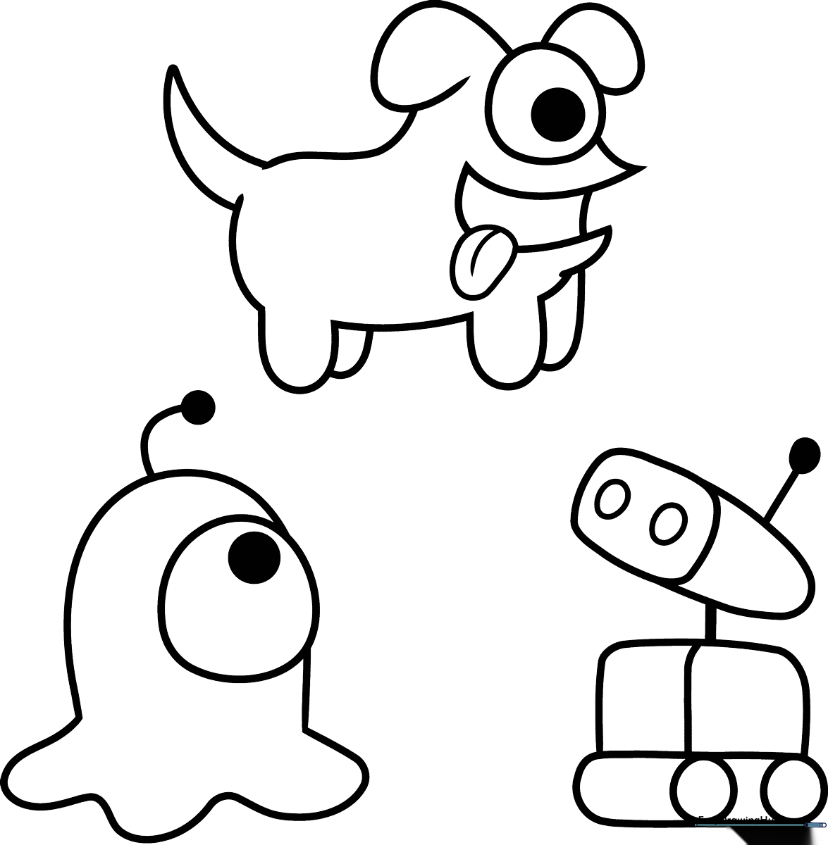 Black and white line art of an Among Us pet character with a rounded body and small antennae, ready for coloring.