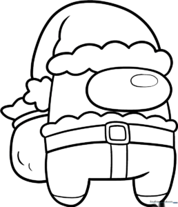 Black and white line art of an Among Us crewmate wearing a Santa hat, ready for coloring on a white background.