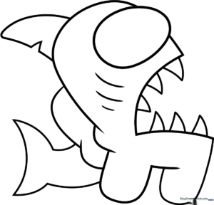 Black and white line art of an Among Us character wearing a shark hat, featuring bold outlines for easy coloring by children.