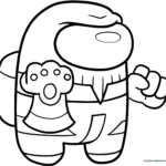 Black and white line art of an Among Us crewmate wearing the Infinity Gauntlet and Thanos-inspired armor, ready for coloring.