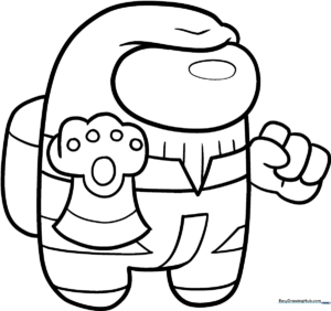 Black and white line art of an Among Us crewmate wearing the Infinity Gauntlet and Thanos-inspired armor, ready for coloring.