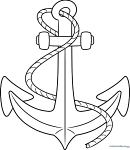 Black and white line art of a classic ship anchor with clean, thick outlines for easy coloring by children.