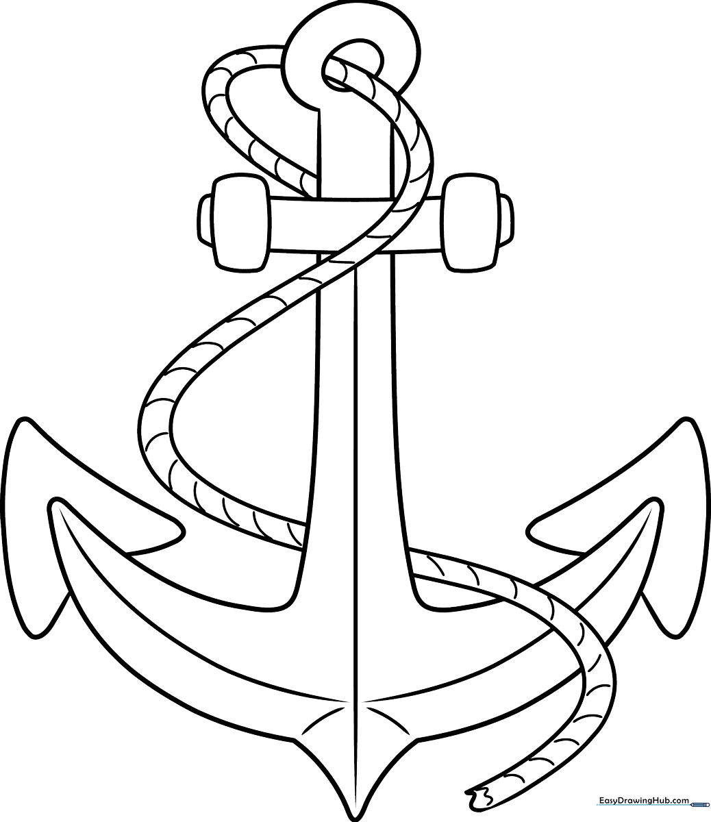 Black and white line art of a classic ship anchor with clean, thick outlines for easy coloring by children.