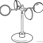 Black and white line art of a cup anemometer on a pole, featuring clear outlines for easy coloring by children learning about weather instruments.