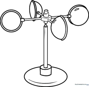 Black and white line art of a cup anemometer on a pole, featuring clear outlines for easy coloring by children learning about weather instruments.