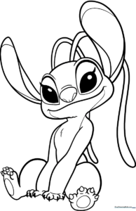 Line art of Angel from Lilo and Stitch with her signature long, antenna-like ears, ready for children to color with markers or crayons.