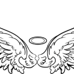 Detailed line art of symmetrical angel wings with layered feather patterns, designed for children to color.