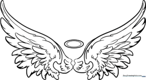 Detailed line art of symmetrical angel wings with layered feather patterns, designed for children to color.
