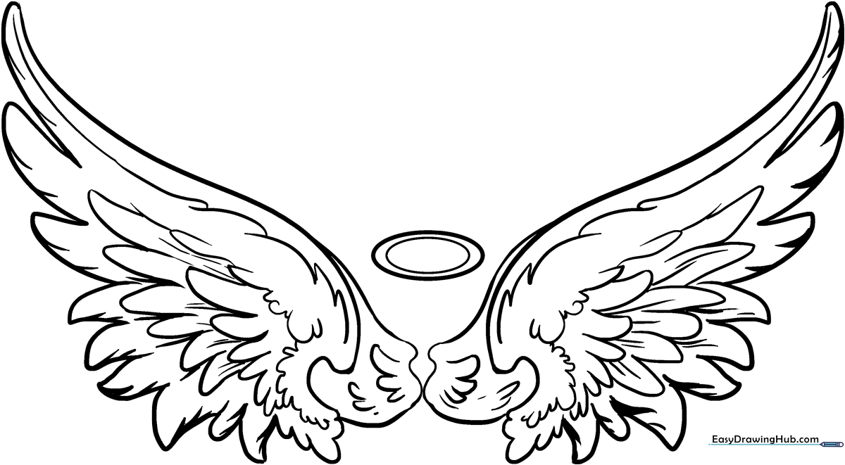 Detailed line art of symmetrical angel wings with layered feather patterns, designed for children to color.