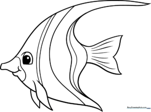 Black and white line art of a tropical angelfish with distinct fins and stripes, ready for children to color.