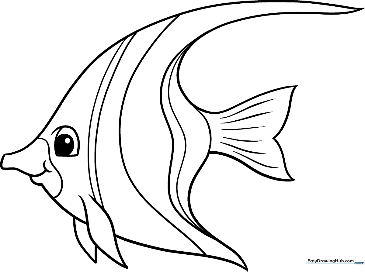 Black and white line art of a tropical angelfish with distinct fins and stripes, ready for children to color.