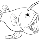 Black and white line art of an Angler Fish with a glowing lure, ready for children to color with markers or crayons.