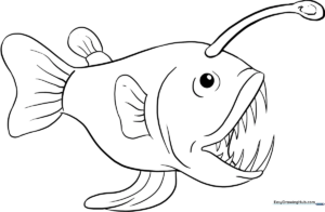 Black and white line art of an Angler Fish with a glowing lure, ready for children to color with markers or crayons.
