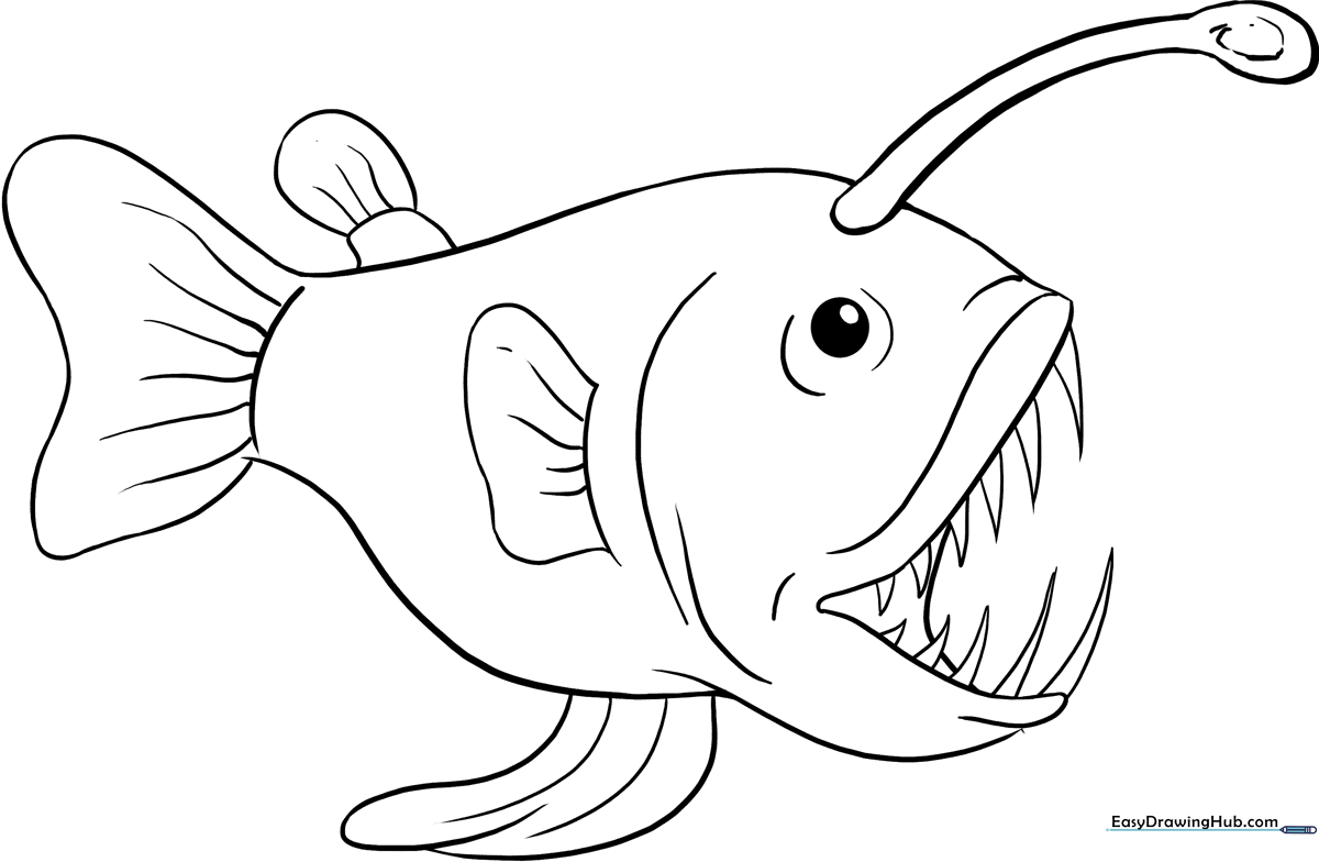 Black and white line art of an Angler Fish with a glowing lure, ready for children to color with markers or crayons.