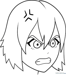 Line art of an anime girl with a furrowed brow and intense expression, designed for educational coloring practice.