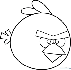 Black and white line art of the Red Angry Bird character featuring thick outlines suitable for young children to color.