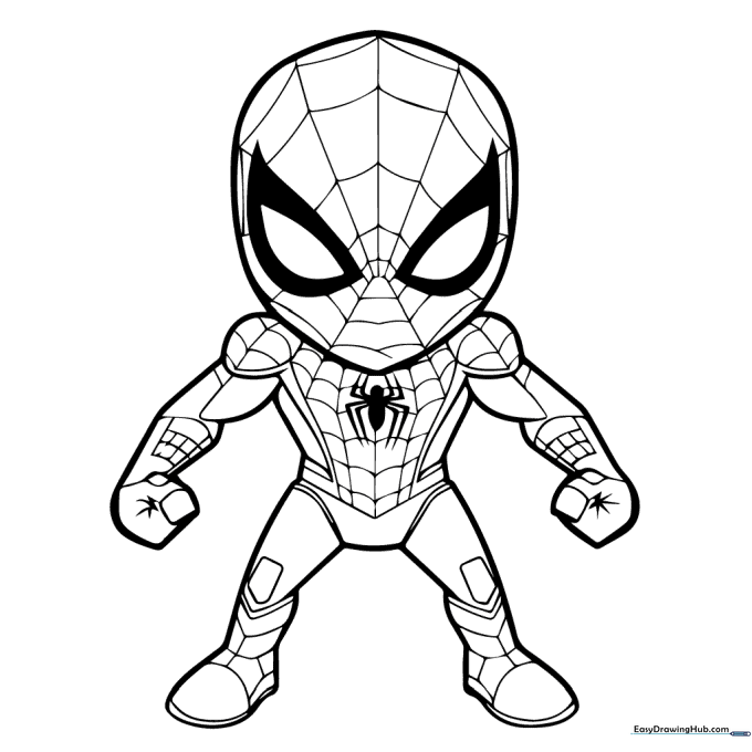 Black and white line art of a chibi-style Spider-Man with a grumpy expression, featuring large eyes and a classic web-patterned suit, ready for coloring.