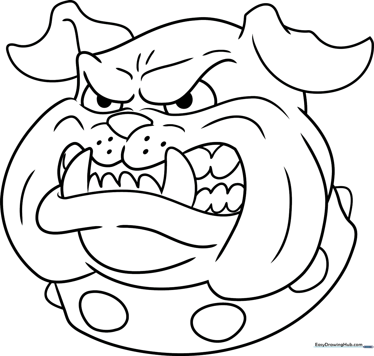 Black and white line art of an angry cartoon dog with furrowed brows and bared teeth, designed for children to color.