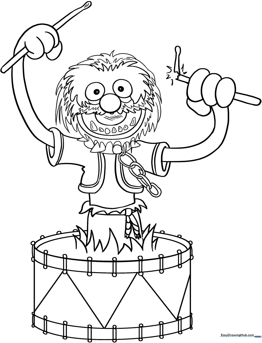 Black and white line art of Animal from The Muppets, featuring his wild hair and expressive face, designed for children to color.