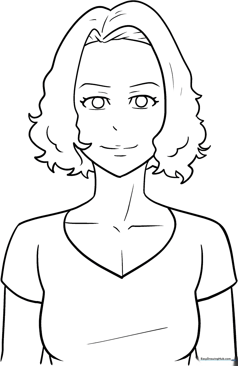 Black and white line art of an anime woman with detailed hair and clothing, ready for coloring with pencils or markers.