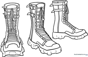 Black and white line art of a pair of stylish anime-style boots with buckles and detailed soles, ready for coloring.