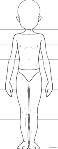 Black and white line art of a standing anime-style boy figure, featuring clear outlines for coloring clothing and hair details.
