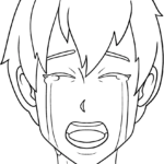 Line art illustration of an anime boy with expressive teary eyes, designed for kids to color and practice shading facial features.