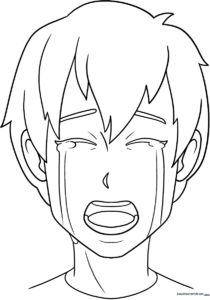 Line art illustration of an anime boy with expressive teary eyes, designed for kids to color and practice shading facial features.