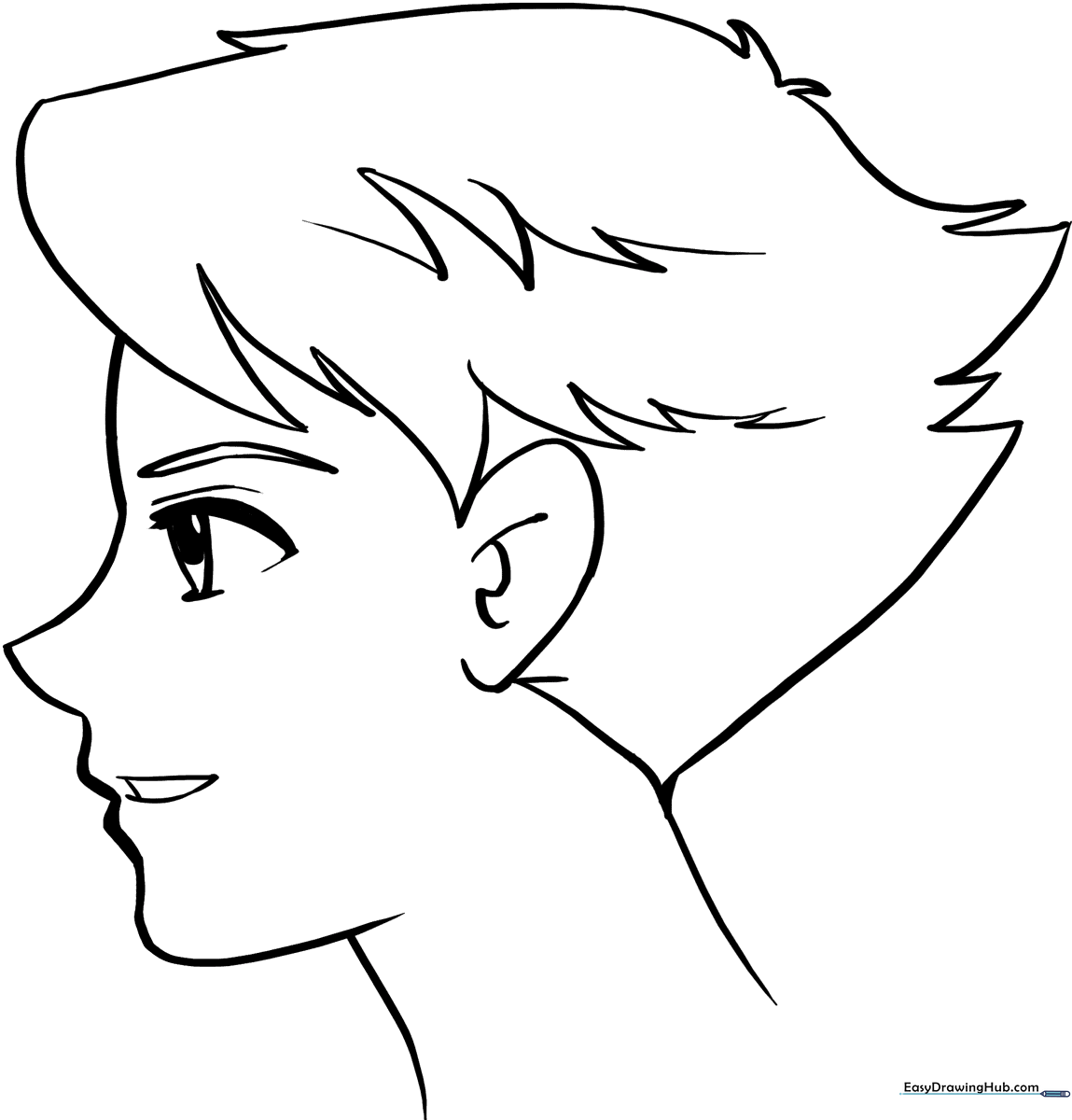 Black and white line art of an anime boy face with spiky hair and large expressive eyes, designed for children to color.