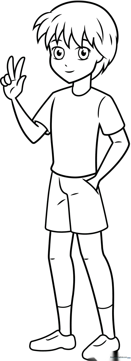 Black and white line art of a full-body anime boy character standing in a neutral pose, featuring clean outlines for easy coloring by children.