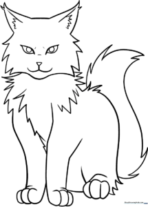Black and white line art of an anime-style cat with large expressive eyes, perfect for children to color with markers or crayons.