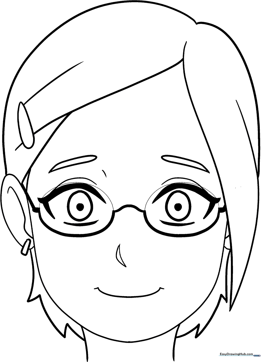 Line art of an anime girl wearing glasses with large expressive eyes, designed for children to color.