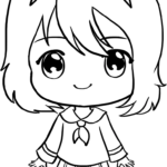 Black and white line art of a cute anime chibi girl with large expressive eyes, ready for children to color with markers or crayons.