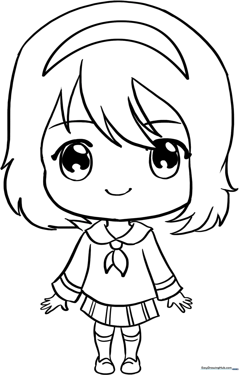 Black and white line art of a cute anime chibi girl with large expressive eyes, ready for children to color with markers or crayons.