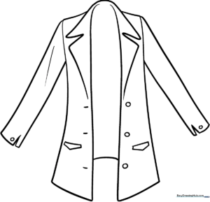 Black and white line art of a stylish anime-style trench coat with clear outlines for easy coloring by children.