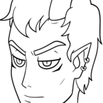 Detailed line art of an anime-style demon character with expressive eyes and sharp features, designed for children to color.
