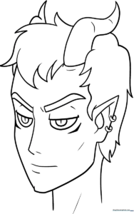 Detailed line art of an anime-style demon character with expressive eyes and sharp features, designed for children to color.
