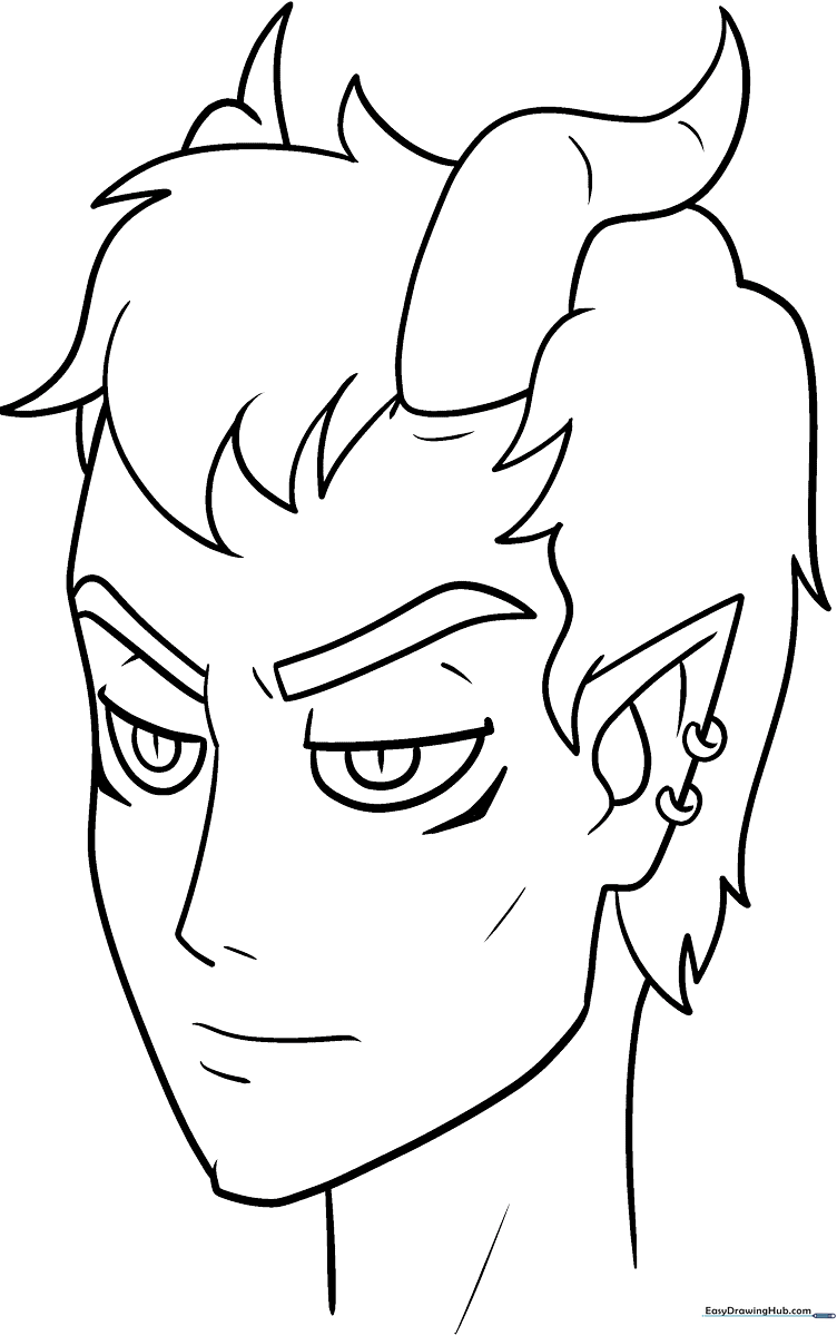 Detailed line art of an anime-style demon character with expressive eyes and sharp features, designed for children to color.