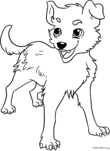 A clean, black-and-white line art illustration of a cute anime-style puppy with large expressive eyes, ready for coloring.