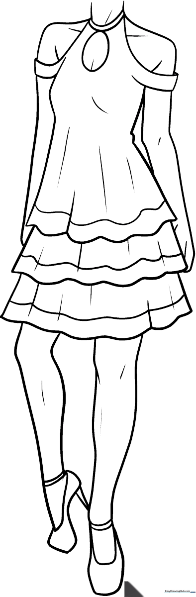 Line art of a stylish anime-style dress with ruffles and bows, designed for children to color and customize.
