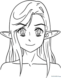Black and white line art of an anime-style elf with pointed ears and expressive eyes, designed for children to color.