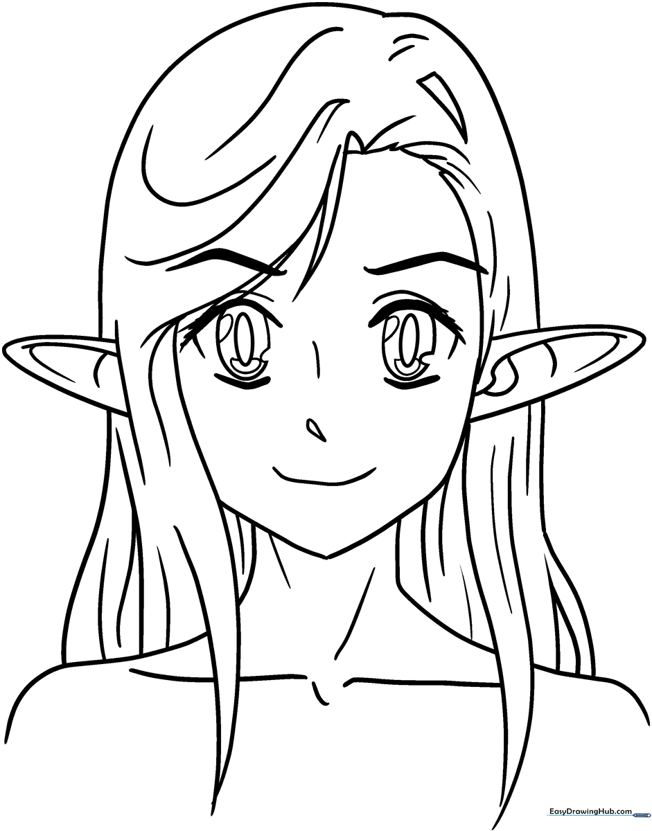 Black and white line art of an anime-style elf with pointed ears and expressive eyes, designed for children to color.