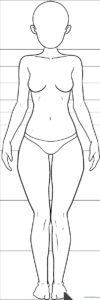 A clean, black-and-white line art template of a standing anime girl figure, designed for character design practice and coloring.