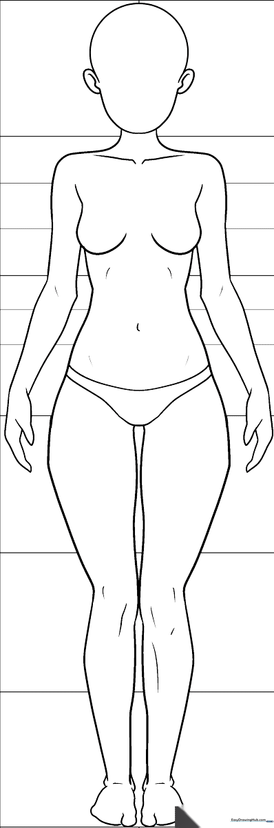 A clean, black-and-white line art template of a standing anime girl figure, designed for character design practice and coloring.