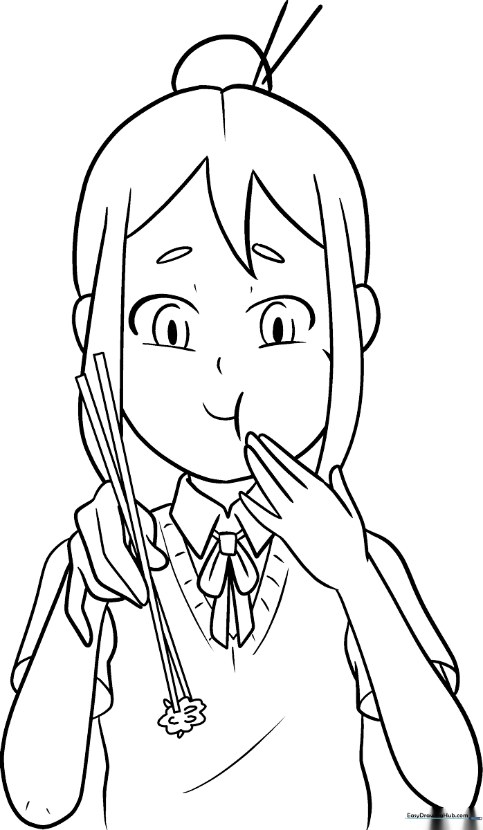 Line art of an anime girl holding a snack, featuring clean outlines perfect for coloring with markers or colored pencils.