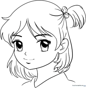 Black and white line art of an anime girl face with large expressive eyes and flowing hair, ready for coloring.