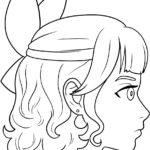 Black and white line art of an anime girl in side profile with voluminous curly hair, ready for coloring and shading practice.