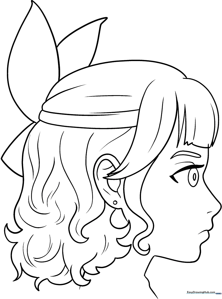 Black and white line art of an anime girl in side profile with voluminous curly hair, ready for coloring and shading practice.