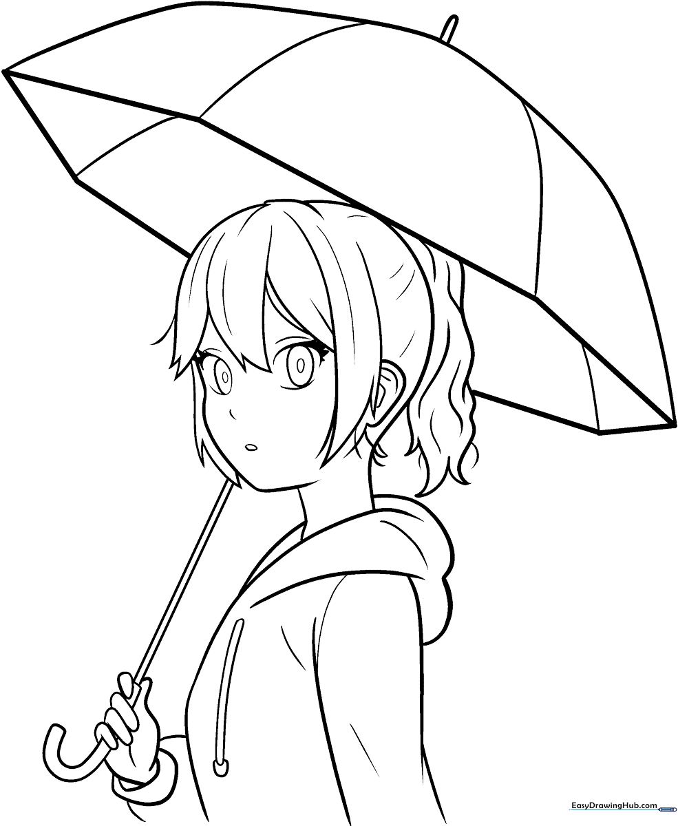 Line art illustration of an anime girl standing in the rain, featuring clean outlines for coloring, suitable for practicing shading and character design.