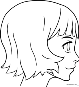 Black and white line art of an anime girl in profile view, featuring large expressive eyes and stylized hair, ready for coloring.